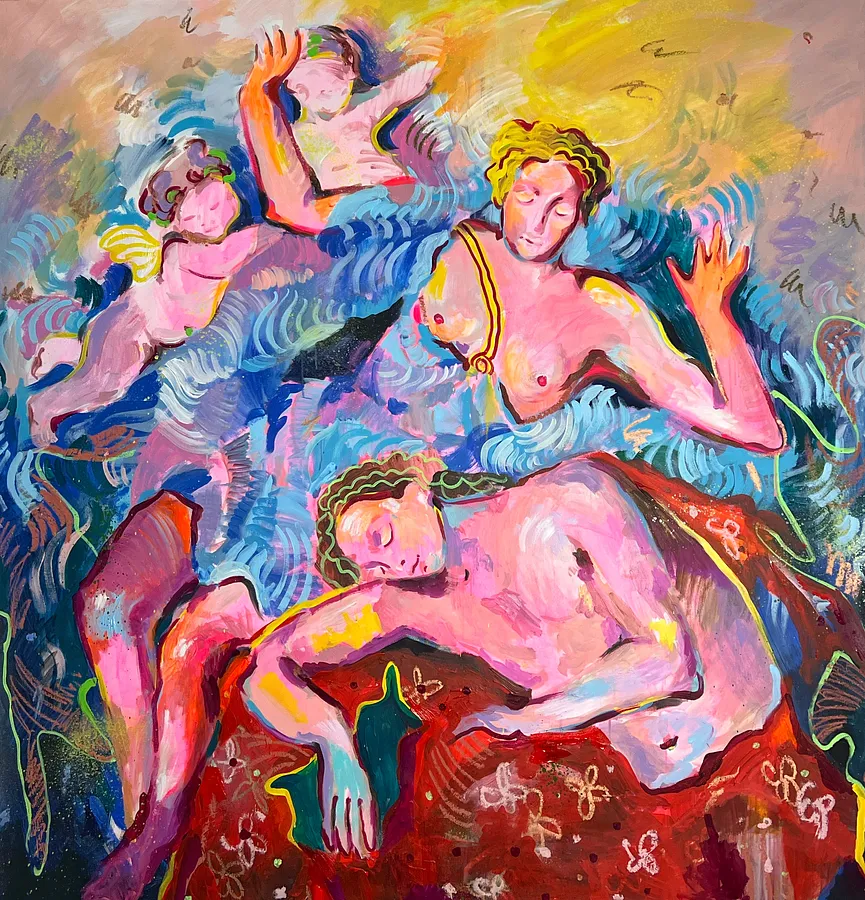 Image of Selena and Endymion by Notuko , size: 130x140, made of mixed media on canvas , Painting medium, from Rivne , part of the myths series, priced at €3000 Photo 1 of 2.