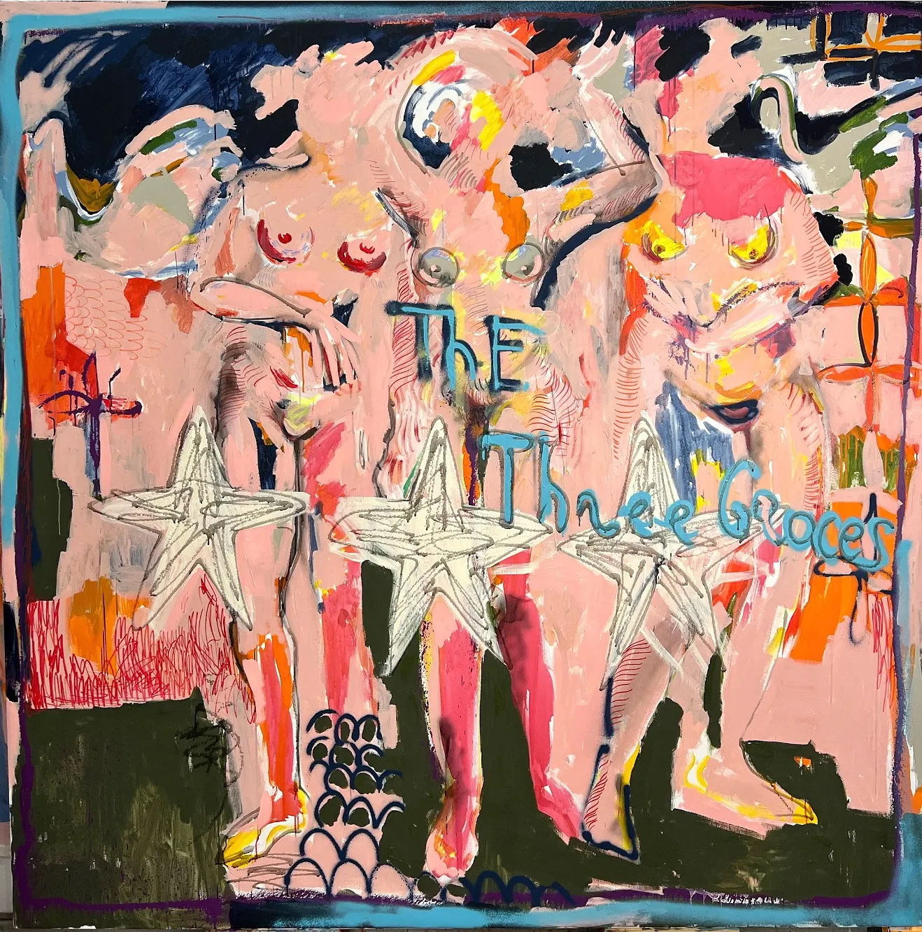 Image of the Three Graces by Notuko , size: 200x200 cm, made of acrylic on canvas, Painting medium, from Rivne, part of the myths series, priced at €5500