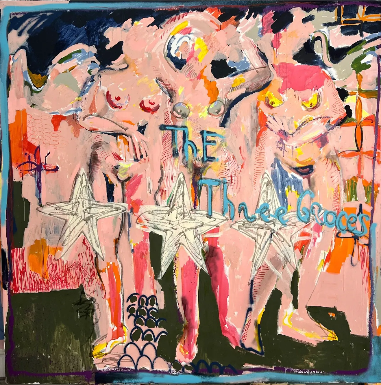 Image of the Three Graces by Notuko , size: 200x200 cm, made of acrylic on canvas, Painting medium, from Rivne, part of the myths series, priced at €5500