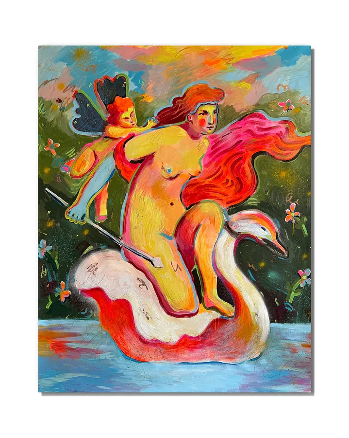 Image of Leda by Notuko , size: 110x160, made of mixed media on canvas , Painting medium, from Rivne , part of the myths series, priced at €2100
