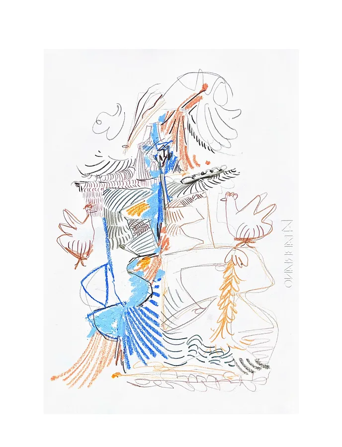 Image of woman with bird  by Notuko , size: 35x50, made of pastel on paper , Graphics medium, priced at €200